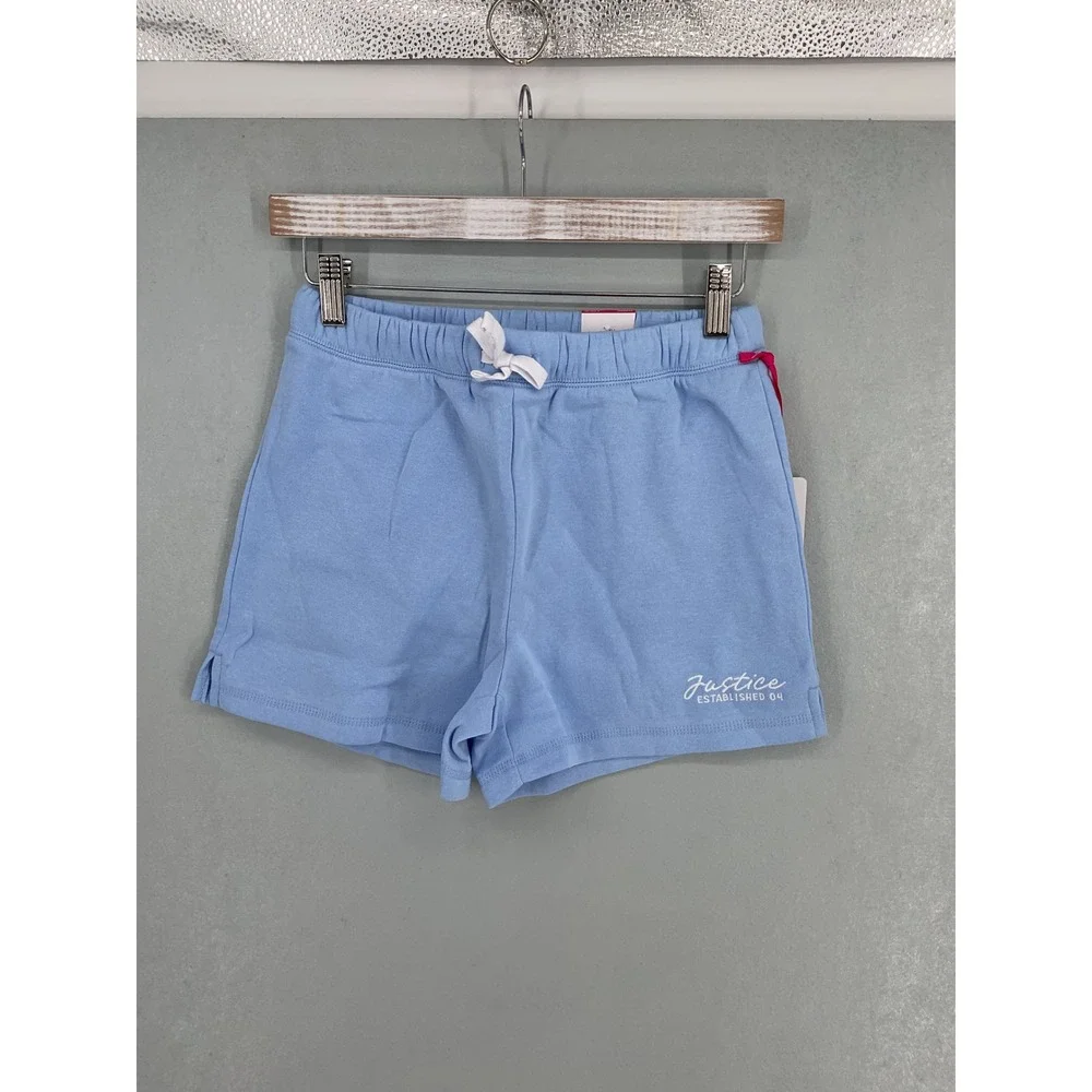 Justice Girls Sweatshorts Sail Blue Fleece Elastic Waist Logo L 12/14